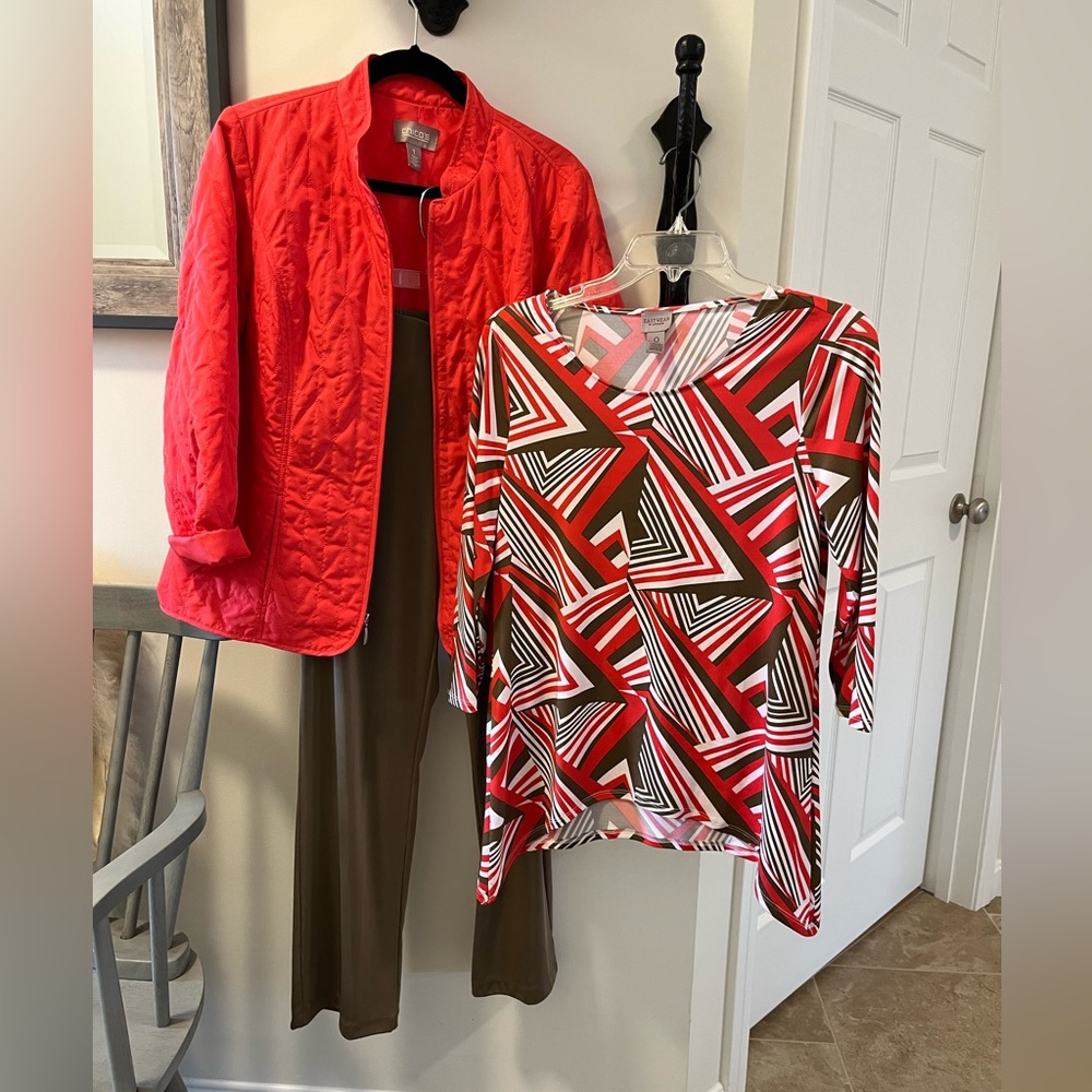 Chico’s Top in red, taupe & white.  Size small